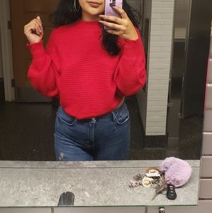 red balloon sleeve cropped knit sweater